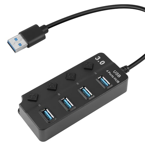 HATMINI 1FT 4-Port USB3.0 Expander Hub, USB 3.0 Fast Data Hub mit individuellen LED-EIN-/Ausschaltern, tragbarer USB-Port-Extender für Laptops, USB-Flash-Laufwerke und mehr (1FT) von HATMINI