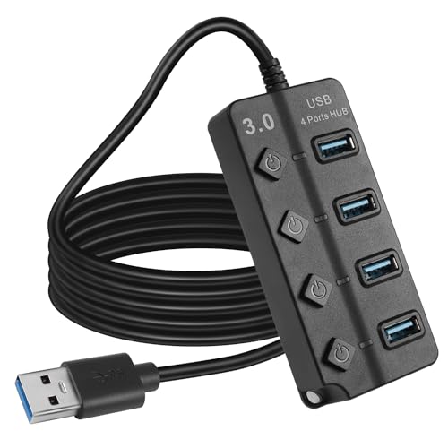 HATMINI 4-Port USB3.0 Expander Hub, USB 3.0 Fast Data Hub mit individuellen LED-EIN-/Ausschaltern, tragbarer USB-Port-Extender für PC, USB-Flash-Laufwerke und mehr(5FT) von HATMINI