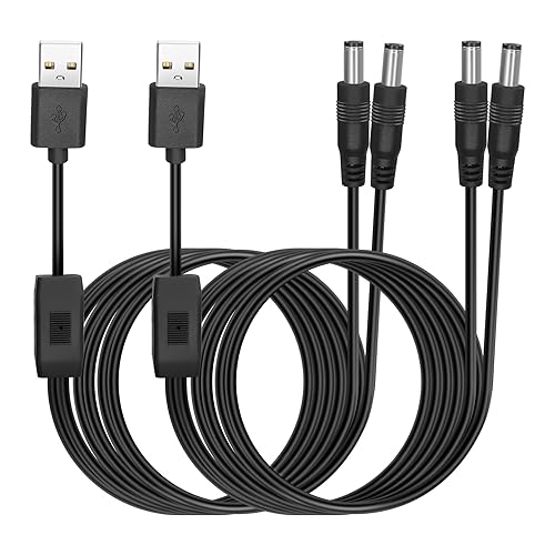 HATMINI 2 Stück USB auf DC5521 Stromkabel, 5 V USB auf DC5521 Y-Splitter-Ladekabel, 5 V 2,5 A USB A-Stecker auf Dual DC 5,5 x 2,1 mm Stecker, Verbindungskabel für Lüfter,LED-Licht,Router usw– 3,3FT von HATMINI