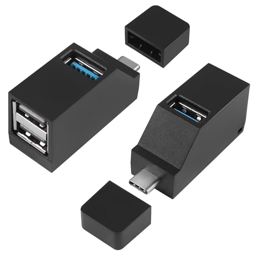 HATMINI USB-Splitter mit 3 Anschlüssen, USB-Hub 3.0, 90-Grad-USB-Splitter, 1 USB 3.0 und 2 USB 2.0-Anschlüsse, tragbar, mit Strom versorgt, zum Anschließen von mobilen Festplatten usw (2 USB C) von HATMINI