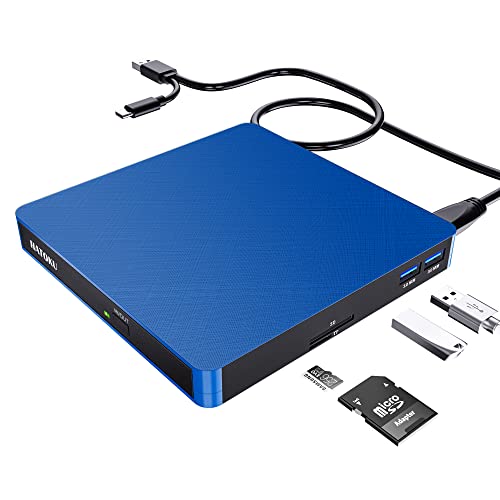 HATOKU Externes CD DVD Laufwerk, USB 3.0 & Type-C Tragbarer CD DVD Brenner mit SD/TF Karte Reader und 2 USB Ports, Externe optische Laufwerke für PC Desktop/Laptop/Linux/Mac/Windows 11/10/8/7 (Blau) von HATOKU