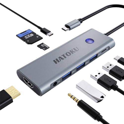 USB C HUB, USB C Multiport Adapter für MacBook Pro/Air mit 4K@60Hz HDMI, 100W PD, SD/TF Kartenleser, USB 3.0/C Datenport und Audio Port, 9-1 USB-HUBS für Dell, Lenovo, HP Laptops (Grey) von HATOKU