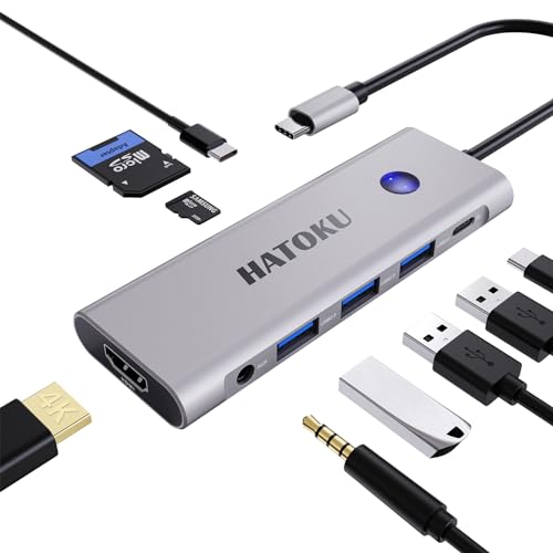 USB C HUB, USB C Multiport Adapter für MacBook Pro/Air mit 4K@60Hz HDMI, 100W PD, SD/TF Kartenleser, USB 3.0/C Datenport und Audio Port, 9-1 USB-HUBS für Dell, Lenovo, HP Laptops (Silver) von HATOKU