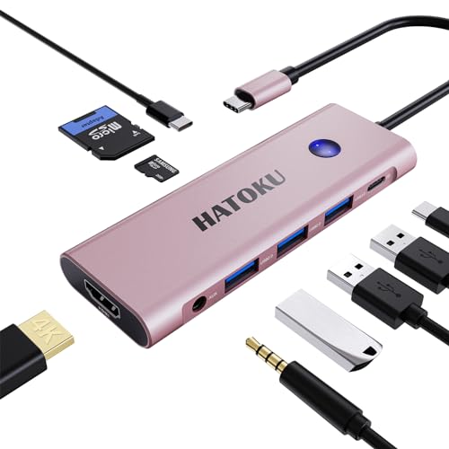 USB C HUB, USB C Multiport Adapter für MacBook Pro/Air mit 4K@60Hz HDMI, 100W PD, SD/TF Kartenleser, USB 3.0/C Datenport und Audio Port, 9-1 USB-HUBS für Dell, Lenovo, HP Laptops (pink) von HATOKU