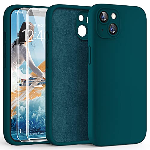 HATOSHI 3-in-1 iPhone 13 Hülle mit 2 Stück Schutzglas, Flüssig Silikon Anti-Rutsch Kratzfestes Stoßfest Handyhülle iPhone 13 Schutzhüll, Grau Grün von HATOSHI