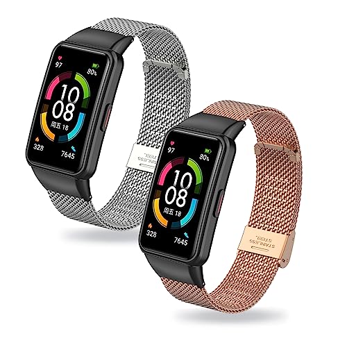 2 Stück Armband Kompatibel für Huawei Band 6 Armband Metall Mesh Gewebte Edelstahl Solo Loop Ersatzarmband mit Huawei Band 6 Uhrenarmband Armbänder für Huawei Band 6 (D,Band 6) von HAZARA