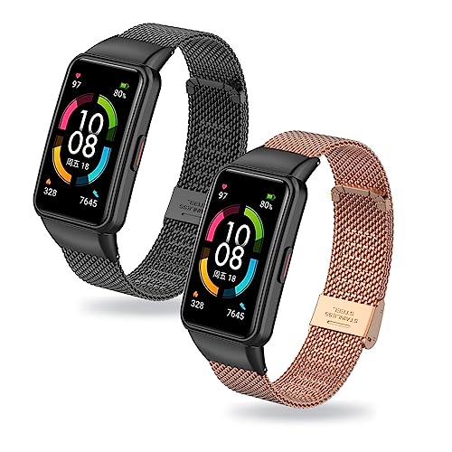 2 Stück Armband Kompatibel für Huawei Band 6 Armband Metall Mesh Gewebte Edelstahl Solo Loop Ersatzarmband mit Huawei Band 6 Uhrenarmband Armbänder für Huawei Band 6 (H,Band 6) von HAZARA