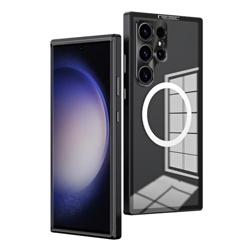 HAZARA Hülle Magnetisch für Samsung Galaxy S23 Ultra /S23 Plus/S23, Stoßfest Metall Handyhülle Kratzfeste Transparente Kabelloses Laden Schutzhülle,Schwarz,S23 Ultra von HAZARA