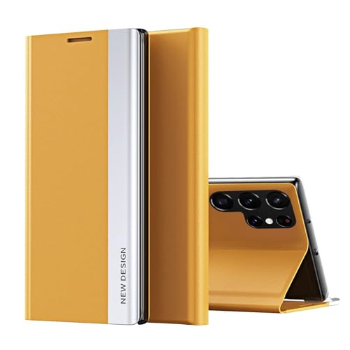 HAZARA Leder Hülle Für Samsung Galaxy S24 Ultra/S24 Plus/S24, Überzug Holster Magnetisch Klappbar Handyhülle Geschäftsstil,Gelb,S24 Ultra von HAZARA