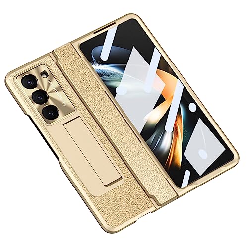 HAZARA Ständer Hülle für Samsung Galaxy Z Fold 5, Scharniere Handyhülle, Eingebauter Displayschutz,Plattierung Objektivschutz Klappetui,Gold von HAZARA