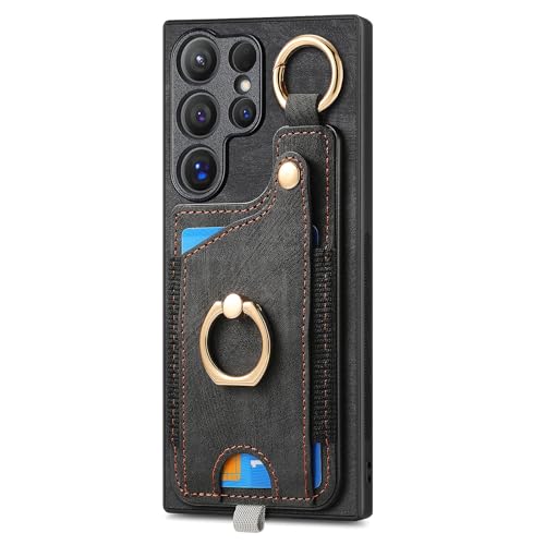 HAZARA Telefonhülle Für Samsung Galaxy S24 Ultra/S24 Plus/S24, mit Kartenhalter, Leder Handyhülle Magnetisch Ring Halterung für Autos,Schwarz,S24 Ultra von HAZARA