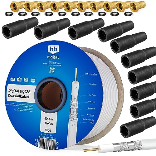 130dB 100m Koaxial SAT Kabel HQ-135 PRO 4-fach geschirmt + 10x F-Stecker vergoldet und Gummitüllen Wetterschutz für DVB-S/S2/C und DVB-T BK Anlagen für Empfang von FULL HD 3D Ultra HD UHD Signalen von HB-DIGITAL
