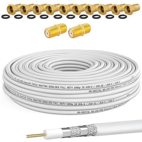 130dB 20m Koaxial SAT Kabel HQ-135 PRO 4-Fach geschirmt für DVB-S / S2 DVB-C und DVB-T BK Anlagen + 10x vergoldete F-Stecker UND 2X F-Verbinder Gratis dazu von HB-DIGITAL