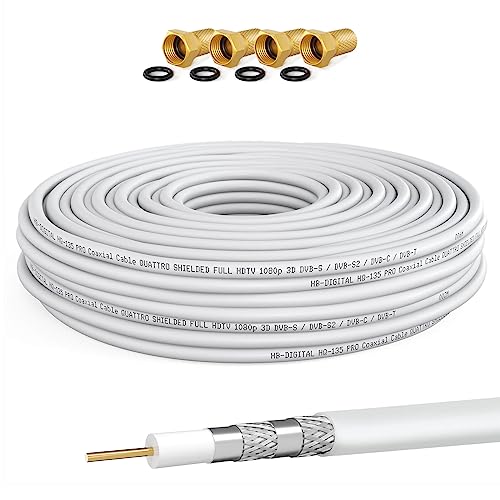 135dB 10m Koaxial SAT Kabel HQ-135 PRO 4-Fach geschirmt für DVB-S / S2 DVB-C und DVB-T BK Anlagen + 4 vergoldete F-Stecker Set Gratis dazu von HB-DIGITAL