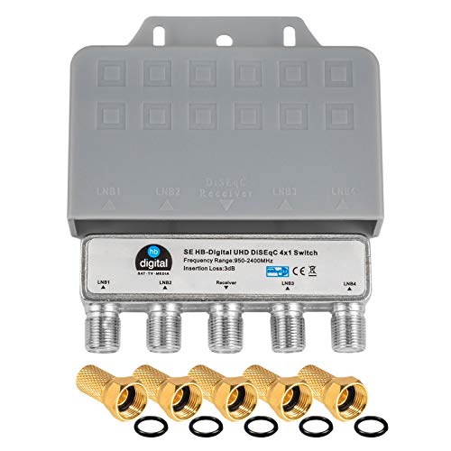 1x DiseqC Schalter SE Switch 4/1 mit Wetterschutzgehäuse und 5 F-Stecker vergoldet HB-DIGITAL 4X SAT LNB 1 x Teilnehmer/Receiver für Full HDTV 3D 4K UHD von HB-DIGITAL