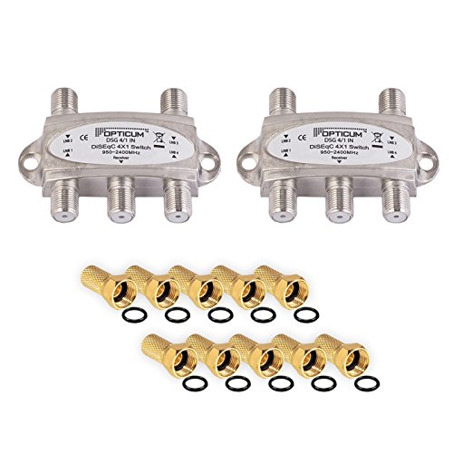 2X DiseqC Schalter Switch 4/1 HB-DIGITAL 4X SAT LNB 1 x Teilnehmer/Receiver für Full HDTV 3D 4K UHD + 10 x Vergoldete F-Stecker Vergoldet von HB-DIGITAL