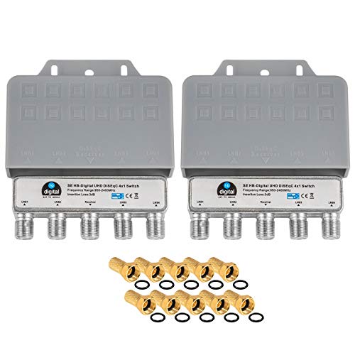 2X DiseqC Schalter Switch 4/1 mit Wetterschutzgehäuse HB-DIGITAL 4X SAT LNB 1 x Teilnehmer/Receiver für Full HDTV 3D 4K UHD + 10 x Vergoldete F-Stecker Vergoldet von HB-DIGITAL