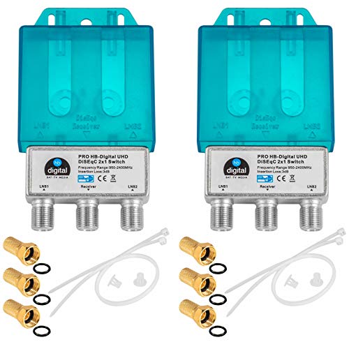 2X PRO DiseqC Schalter Switch 2/1 mit Wetterschutzgehäuse HB-DIGITAL 2X SAT LNB 1 x Teilnehmer/Receiver für Full HDTV 3D 4K UHD + 6 x Vergoldete F-Stecker Vergoldet 2X PRO DiseqC Schalter Switch 2/1 mit Wetterschutzgehäuse HB-DIGITAL 2X SAT LNB 1 x Teilnehmer/Receiver für Full HDTV 3D 4K UHD + 6 x Vergoldete F-Stecker Vergoldet von HB-DIGITAL