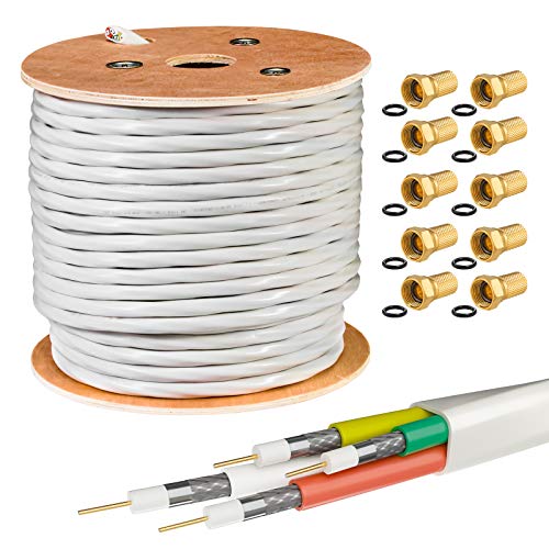 HB DIGITAL 50m Quattro-Kabel Koaxial SAT 4-Fach Weiß 4-in-1 für Ultra HD 4K DVB-S/S2/C/T/T2 BK Anlagen + 30 Vergoldete F-Stecker Set Gratis (Quattro, Quad) von HB-DIGITAL