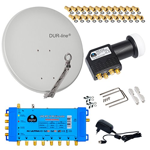 DUR-line Select 8 TEILNEHMER / 1 SATELLIT - DIGITAL SAT ANLAGE: 75/80cm ALU Sat-Schüssel Hellgrau + 0,1dB LNB Schwarz Full HDTV 4K + PMSE Multischalter 5/8 + 25 Vergoldete F-Stecker von HB-DIGITAL