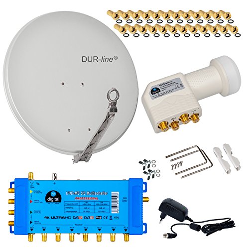 DUR-line Select 8 TEILNEHMER / 1 SATELLIT - DIGITAL SAT ANLAGE: 75/80cm ALU Sat-Schüssel Hellgrau + 0,1dB LNB Weiß Full HDTV 4K + PMSE Multischalter 5/8 + 25 Vergoldete F-Stecker gratis dazu von HB-DIGITAL