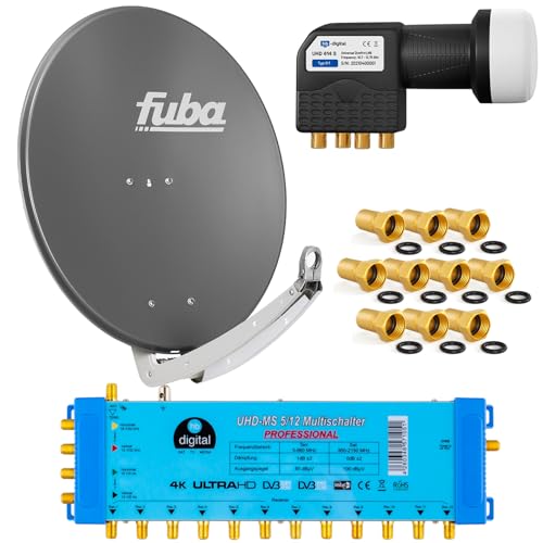 FUBA 12 TEILNEHMER DIGITAL SAT ANLAGE DAA780A + Profi LNB 0,1dB Full HDTV 4K + PMSE Multischalter 5/12 + 35 Vergoldete F-Stecker Gratis dazu von HB-DIGITAL