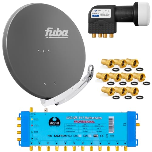 FUBA 12 TEILNEHMER DIGITAL SAT ANLAGE DAA850A + Profi LNB 0,1dB Full HDTV 4K + PMSE Multischalter 5/12 + 35 Vergoldete F-Stecker Gratis dazu von HB-DIGITAL