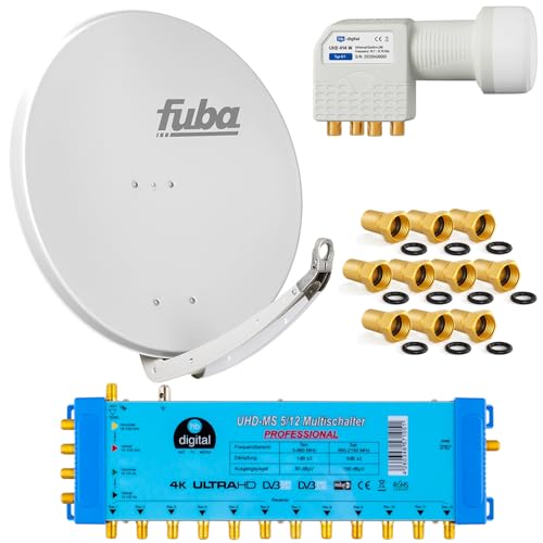 FUBA 12 TEILNEHMER DIGITAL SAT ANLAGE DAA850G + Profi LNB 0,1dB Full HDTV 4K + PMSE Multischalter 5/12 + 35 Vergoldete F-Stecker Gratis dazu von HB-DIGITAL