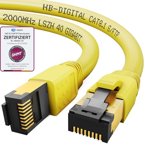 HB-DIGITAL 0,25m CAT 8.1 Netzwerkkabel S/FTP LSZH Gelb 40 Gbits | LAN Patchkabel Gigabit RJ45 Stecker Ethernet Data Cable | 40000 Mbits Übertragungsgeschwindigkeit PIMF 2000 MHz Cat.6 Cat.7 Cat.8 von HB-DIGITAL