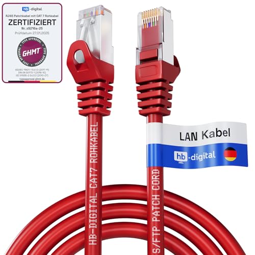 HB-DIGITAL 0,25m Patchkabel CAT.7 Rohkabel mit 2x RJ45-Stecker LAN Netzwerkkabel 10 Gigabit S/FTP PiMF Kupfer LSZH Halogenfrei RoHS-Compliant Ethernet Port Internet DSL PC Router Switch Modem Rot von HB-DIGITAL