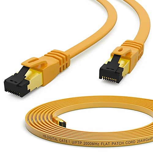 HB-DIGITAL 0,25m Patchkabel CAT.8 LAN Flach U/FTP Netzwerkkabel PVC 2xRJ45 Stecker Kupfer Profi Slim flexibel 40 Gb Ethernet Port 2000 MHz Internet-cable PC Router Switch Modem TV Konsole gelb von HB-DIGITAL