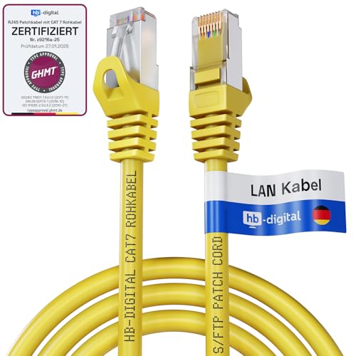 HB-DIGITAL 0,5m Patchkabel CAT.7 Rohkabel mit 2x RJ45-Stecker LAN Netzwerkkabel 10 Gigabit S/FTP PiMF Kupfer LSZH Halogenfrei RoHS-Compliant Ethernet Port Internet DSL PC Router Switch Modem Gelb von HB-DIGITAL