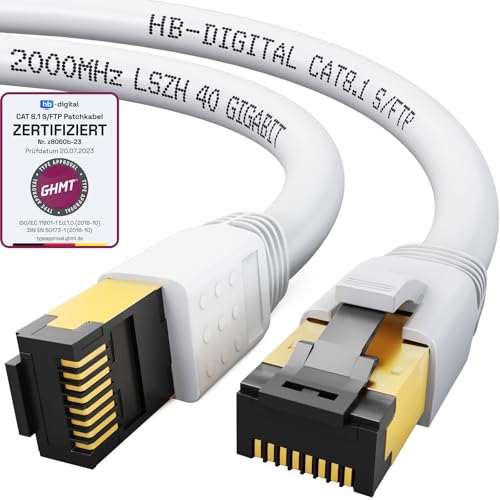 HB-DIGITAL 1,5m CAT 8.1 Netzwerkkabel S/FTP LSZH Weiß 40 Gbits | LAN Patchkabel Gigabit RJ45 Stecker Ethernet Data Cable | 40000 Mbits Übertragungsgeschwindigkeit PIMF 2000 MHz Cat.6 Cat.7 Cat.8 von HB-DIGITAL