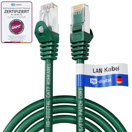 HB-DIGITAL 1,5m Patchkabel CAT.7 Rohkabel mit 2x RJ45-Stecker LAN Netzwerkkabel 10 Gigabit S/FTP PiMF Kupfer LSZH Halogenfrei RoHS-Compliant Ethernet Port Internet DSL PC Router Switch Modem Grün von HB-DIGITAL