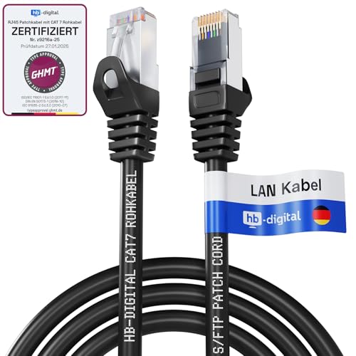 HB-DIGITAL 1,5m Patchkabel CAT.7 Rohkabel mit 2x RJ45-Stecker LAN Netzwerkkabel 10 Gigabit S/FTP PiMF Kupfer LSZH Halogenfrei RoHS-Compliant EthernetPort Internet DSL PC Router Switch Modem Schwarz von HB-DIGITAL