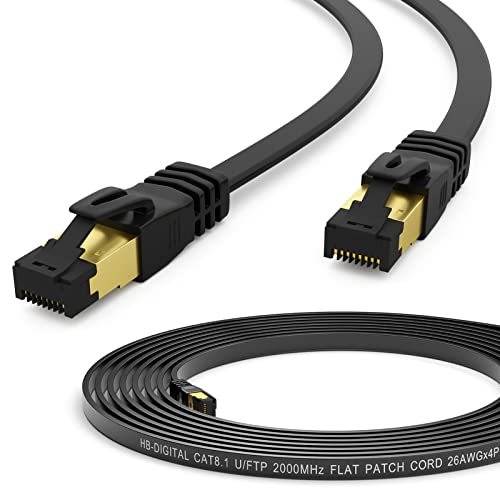 HB-DIGITAL 1,5m Patchkabel CAT.8 LAN Flach U/FTP Netzwerkkabel PVC 2xRJ45 Stecker Kupfer Profi Slim flexibel 40 Gbits Ethernet Port 2000 MHz Internet-cable PC Router Switch Modem TV Konsole schwarz von HB-DIGITAL