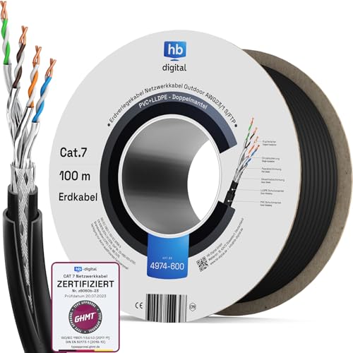 HB-DIGITAL 100m CAT 7 Outdoor Netzwerkkabel für direkte Erdverlegung S/FTP AWG23/1 reines Kupfer Doppelmantel PVC + LLDPE UV wasserresistent PoE 10 Gbit/s Ethernet Kabel für Außenbereich - Schwarz HB-DIGITAL 100m CAT 7 Outdoor Netzwerkkabel für direkte Erdverlegung S/FTP AWG23/1 reines Kupfer Doppelmantel PVC + LLDPE UV wasserresistent PoE 10 Gbit/s Ethernet Kabel für Außenbereich - Schwarz von HB-DIGITAL