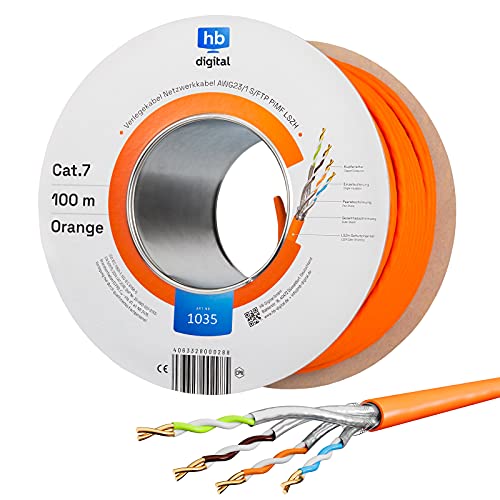 HB-DIGITAL 100m CAT.7 Netzwerkkabel LAN Kabel Verlegekabel AWG 23 Reines Kupfer S/FTP PiMF LSZH Halogenfrei RoHS-Compliant Ethernet Installationskabel Datenkabel PoE 10Gbit/s GHMT Zertifiziert Orange von HB-DIGITAL