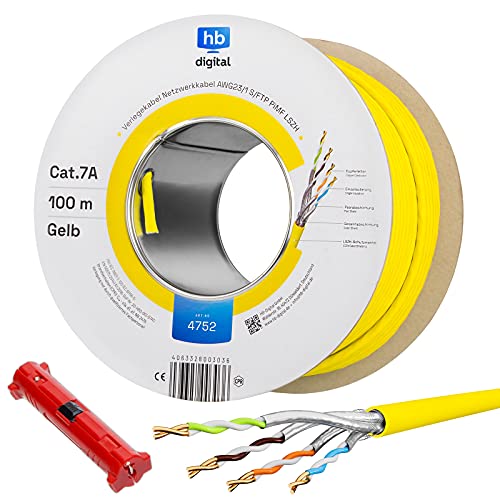 HB-DIGITAL 100m CAT.7a Netzwerkkabel Gelb Verlegekabel Ethernet LAN AWG23 Reines Kupfer S/FTP PiMF LSZH Halogenfrei RoHS-Compliant Installation Datenkabel PoE 10Gbit/s max. 1200MHz + Abisolierer von HB-DIGITAL