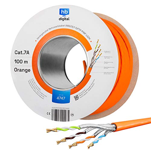 HB-DIGITAL 100m CAT.7a Netzwerkkabel LAN Kabel Verlegekabel AWG 23 Reines Kupfer S/FTP PiMF LSZH Halogenfrei RoHS-Compliant Ethernet Installationskabel Datenkabel PoE 10Gbit/s max. 1200MHz Orange von HB-DIGITAL