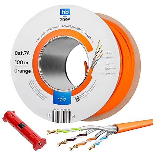 HB-DIGITAL 100m CAT.7a Netzwerkkabel Orange Verlegekabel Ethernet LAN AWG23 Reines Kupfer S/FTP PiMF LSZH Halogenfrei RoHS-Compliant Installation Datenkabel PoE 10Gbit/s max. 1200MHz + Abisolierer von HB-DIGITAL