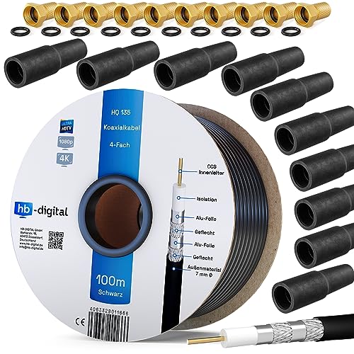 HB-DIGITAL 100m Koaxialkabel SAT HQ135 PRO inkl. 10x Gummitüllen + 10x F-Stecker vergoldet GRATIS dazu | Satellit Antennenkabel 4-Fach geschirmt für DVB-S/S2 DVB-C/C2 DVB-T/T2 DAB+Radio BK Anlagen HB-DIGITAL 100m Koaxialkabel SAT HQ135 PRO inkl. 10x Gummitüllen + 10x F-Stecker vergoldet GRATIS dazu | Satellit Antennenkabel 4-Fach geschirmt für DVB-S/S2 DVB-C/C2 DVB-T/T2 DAB+Radio BK Anlagen von HB-DIGITAL
