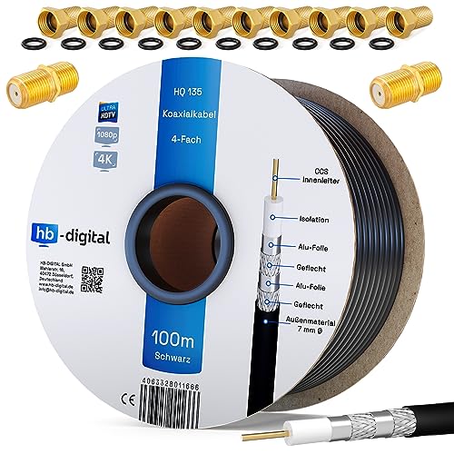 HB-DIGITAL 100m Koaxialkabel SAT HQ135 PRO inkl. 2x F-Verbinder + 10x F-Stecker vergoldet GRATIS dazu | Satellit Antennenkabel 4-Fach geschirmt für DVB-S/S2 DVB-C/C2 DVB-T/T2 DAB+Radio BK Anlagen von HB-DIGITAL