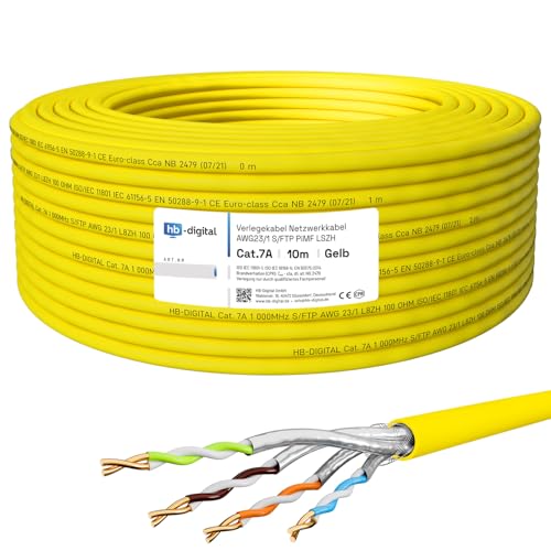 HB-DIGITAL 10m CAT.7a Netzwerkkabel LAN Kabel Verlegekabel AWG 23 Reines Kupfer S/FTP PiMF LSZH Halogenfrei RoHS-Compliant Ethernet Installationskabel Datenkabel PoE 10Gbit/s max. 1200MHz Gelb von HB-DIGITAL