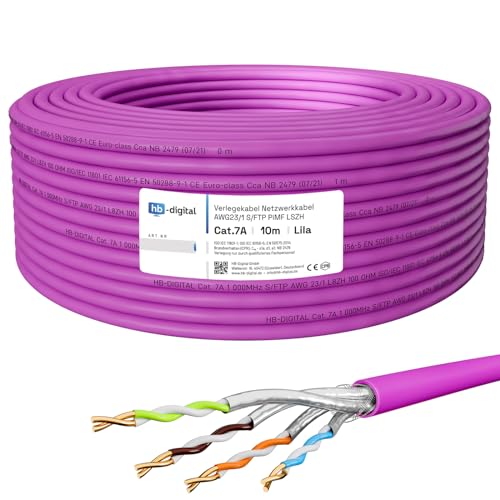 HB-DIGITAL 10m CAT.7a Netzwerkkabel LAN Kabel Verlegekabel AWG 23 Reines Kupfer S/FTP PiMF LSZH Halogenfrei RoHS-Compliant Ethernet Installationskabel Datenkabel PoE 10Gbit/s max. 1200MHz Lila von HB-DIGITAL