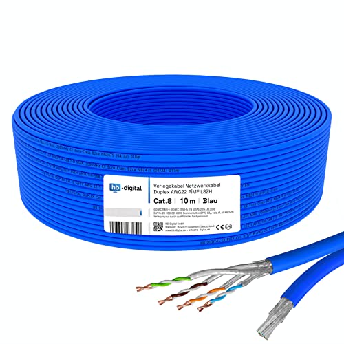 HB-DIGITAL 10m DUPLEX Cat 8.1 Netzwerkkabel Verlegekabel Installationskabel Datenkabel Ethernet LAN Cat.8 40 Gbit/s Kupfer S/FTP 2000 MHz PIMF LSZH Cat8 Halogenfrei RoHS-Compliant AWG 22/1 blau von HB-DIGITAL