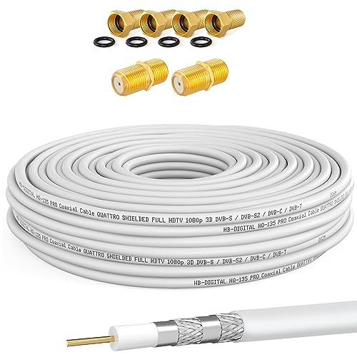 HB-DIGITAL 10m Koaxialkabel HQ-135 Antennenkabel 130dB SAT Kabel 8K 4K UHD 4-Fach geschirmt für DVB-S / S2 DVB-C / C2 DVB-T / T2 DAB+ Radio BK Anlagen + 4X F-Stecker und 2X F-Verbinder von HB-DIGITAL