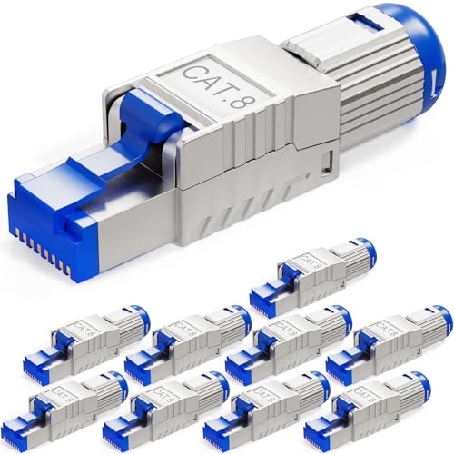 HB-DIGITAL 10x CAT 8 RJ45 Stecker für starre Ethernet LAN Verlegekabel – werkzeuglos feldkonfektionierbar STP vollgeschirmt mit 50µ vergoldete Kontakten 40Gbit/s High-Speed Connector von HB-DIGITAL