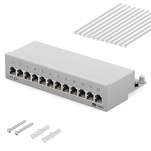 HB-DIGITAL 12-Port Cat 6a LSA Patchpanel, Patchfeld, geschirmt, Weiß Verteilerfeld Cat.6a (500 MHz) Desktop (Tisch) & Wandmontage 12x RJ45 Buchse, TIA568A oder TIA568B Erdungskabel von HB-DIGITAL