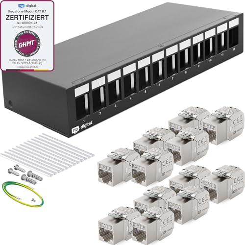 HB-DIGITAL 12-Port Patchpanel Patchfeld Verteilerfeld 1 HE 12x CAT 8 RJ45 Keystone Jack Modul - GHMT Zertifiziert - vollgeschirmt STP 40 Gbps Kompatibel mit Verlegekabel Netzwerkkabel LAN - Schwarz HB-DIGITAL 12-Port Patchpanel Patchfeld Verteilerfeld 1 HE 12x CAT 8 RJ45 Keystone Jack Modul - GHMT Zertifiziert - vollgeschirmt STP 40 Gbps Kompatibel mit Verlegekabel Netzwerkkabel LAN - Schwarz von HB-DIGITAL